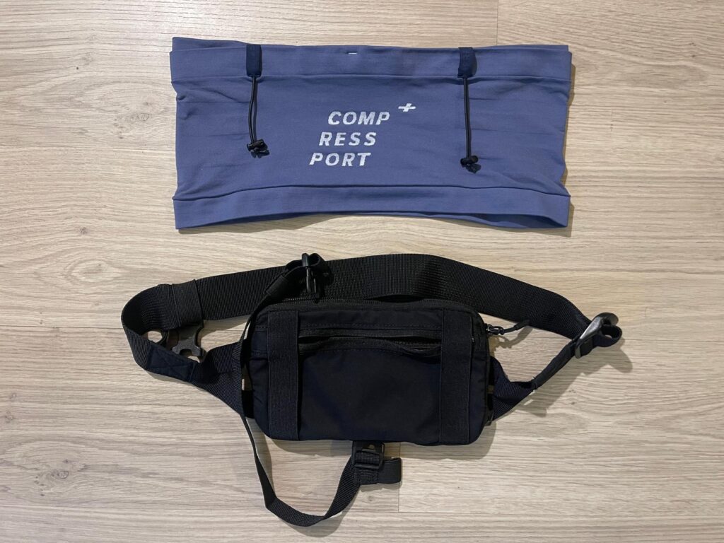 Compressport Free Belt Pro and Decathlon 2-position running bag.